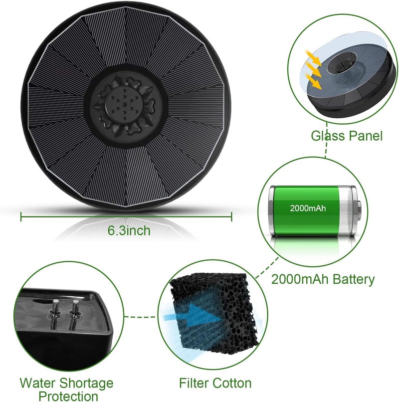 Yzert Solar Fountain with 2000 mAh Battery Backup Works in Cloudy, Glass Solar Powered Bird Bath Fountains with 7 Nozzles, 3.5 W Solar Fountain Pump for Birdbath,Garden, Outdoor, Pond (Black) - Image 5